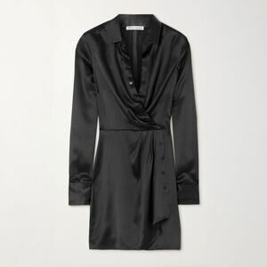 REFORMATION NWT Alaine 100% Silk Satin Wrap Mini Dress in Black Size 14